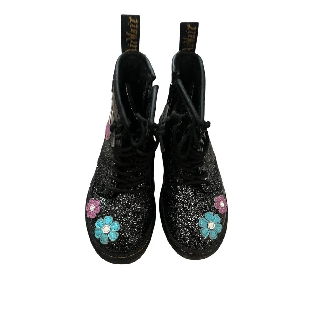 Dr. Martens 1460 Girls Boots Size 10 Black Glitter Floral Lace-Up Side Zip